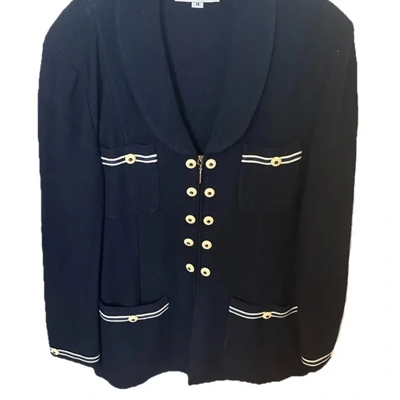 RARE St. John Military Navy Blue Jacket Blazer Santana Marie Gray Wool/Rayon 14 - Picture 3 of 15